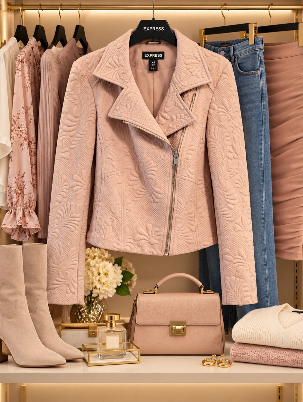 Express XS Light Pink Embossed Floral Moto Jacket Silver Zip Chic
